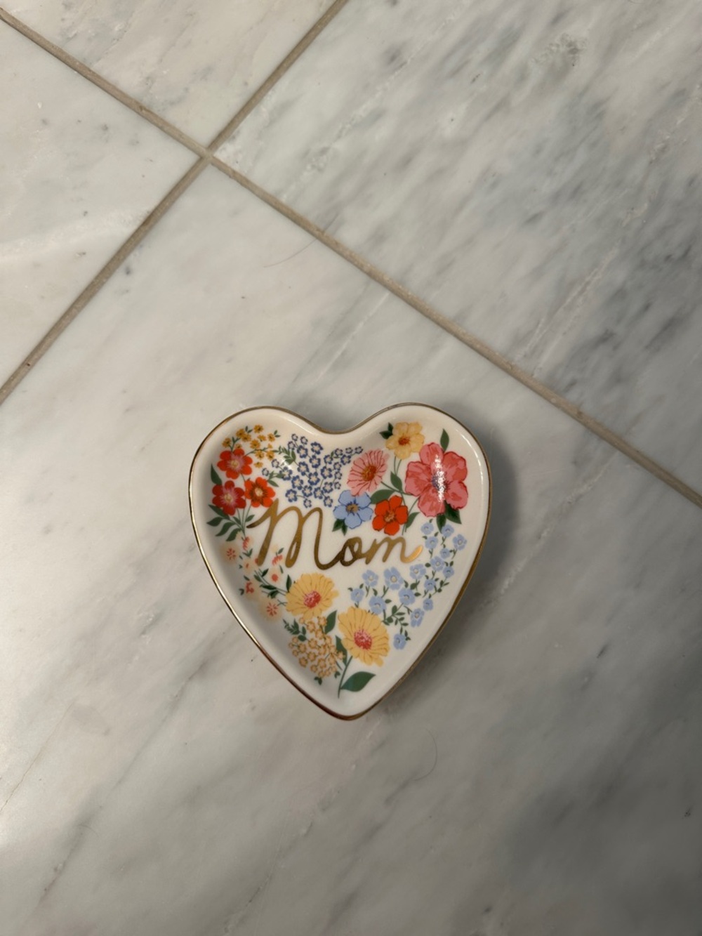 Floral 'Mom' Heart Trinket Dish - Cream with Multicolor Flowers
